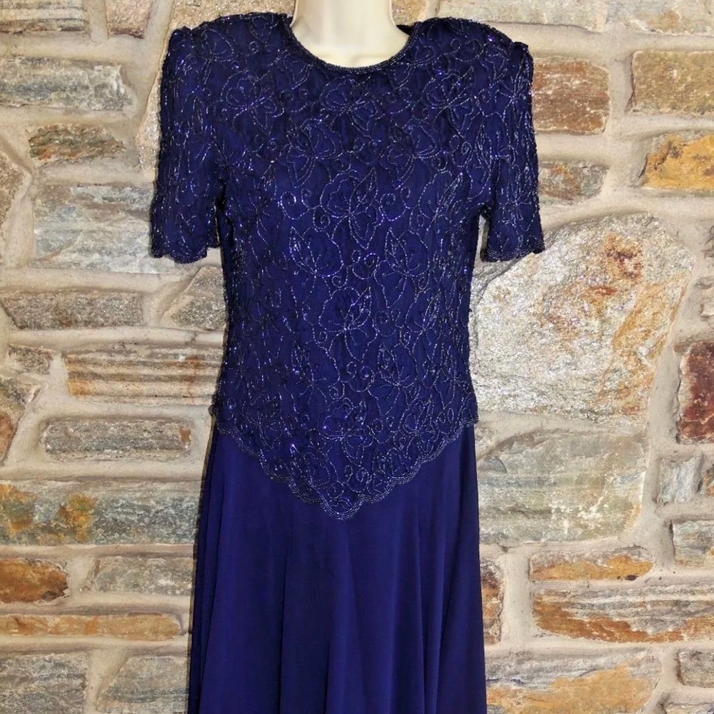 Laurence Kazar Navy Blue Beaded Maxi Dress PS